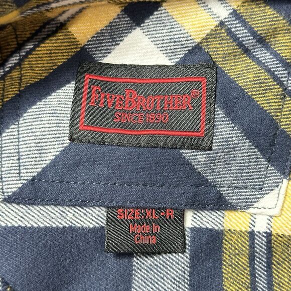 Five Brother Flannel Shirt Men XL Blue Yellow Plaid 5200 Long Sleeve Button Up - Picture 8 of 12